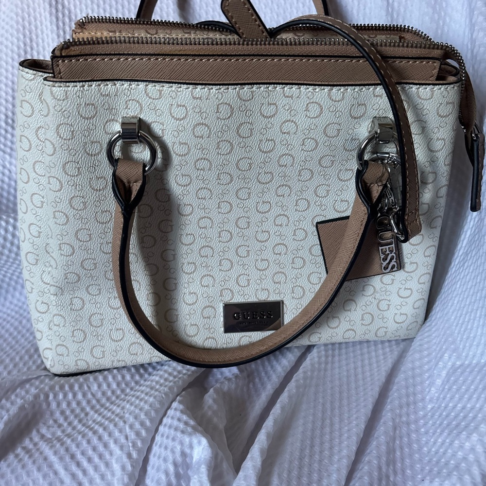 G by Guess Cream and Taupe Logo-Print Crossbody Satchel